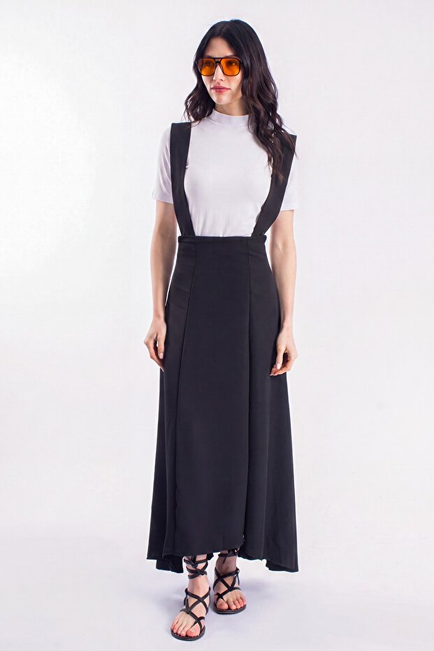 Short Sleeve Basic Cotton Combed Body&Flexi Lamarca Woven Gardener Strap Asymmetrical Cut Women's Skirt Double Set