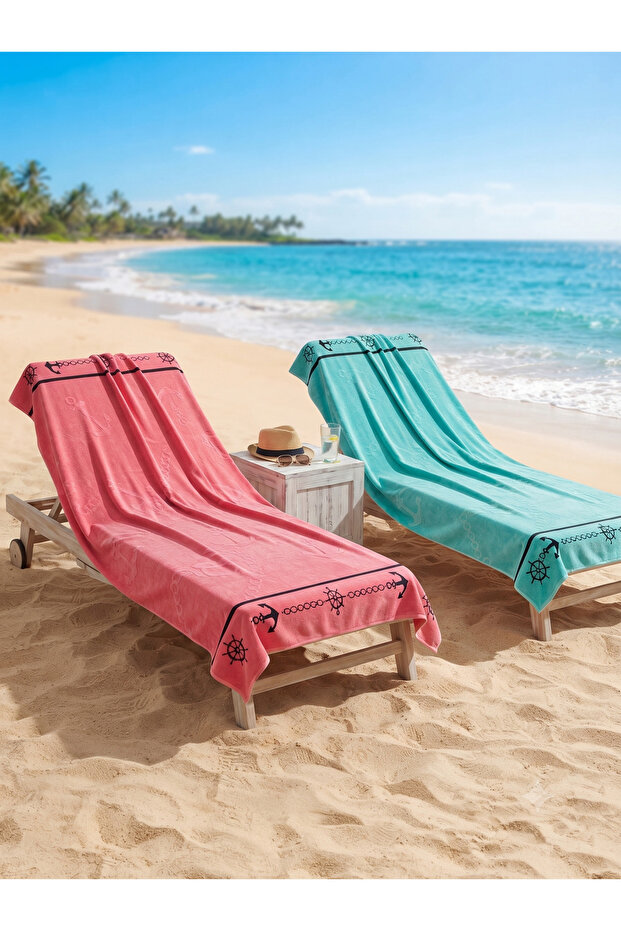 100% Cotton Special Design Beach Towel Set of 2 Pink Blue