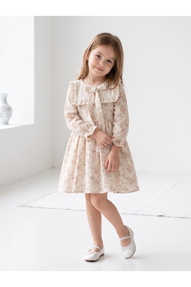 Square Neck Ruffle Floral Patterned Girl's Dress