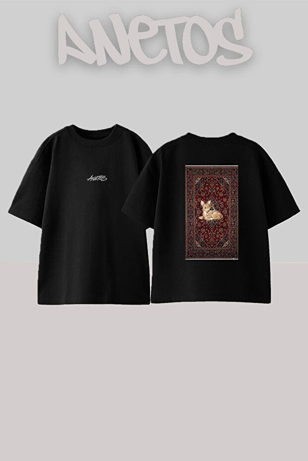 Fawn Persian Rug_3 Design Back Printed Cotton Black Oversize T-Shirt