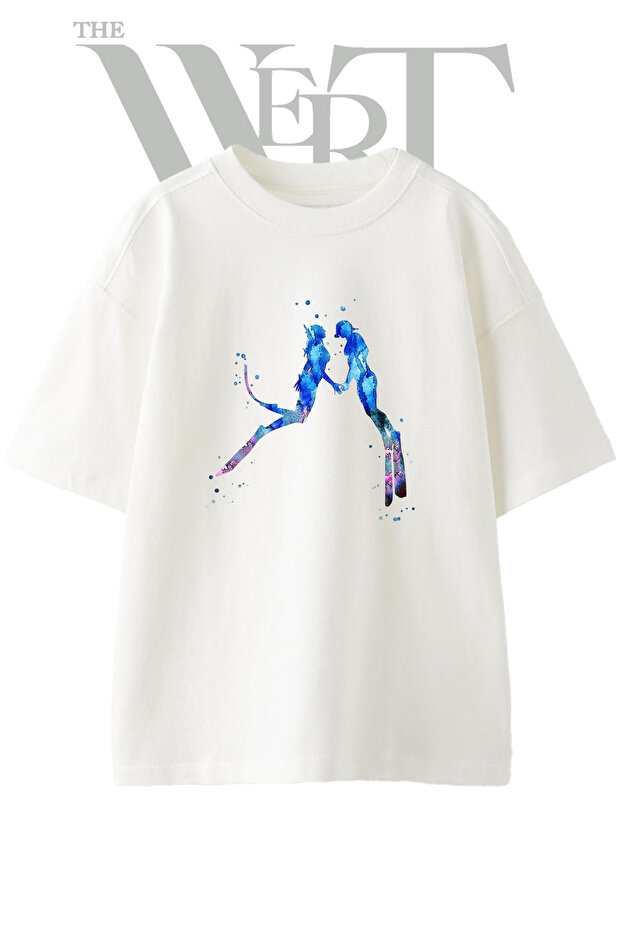 Mermaid Diver Design Printed Unisex White Oversize T-Shirt