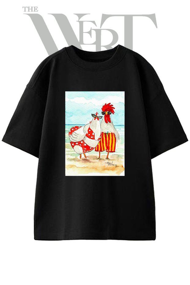 Swimsuit Chickens Design Printed Unisex Black Oversize T-Shirt
