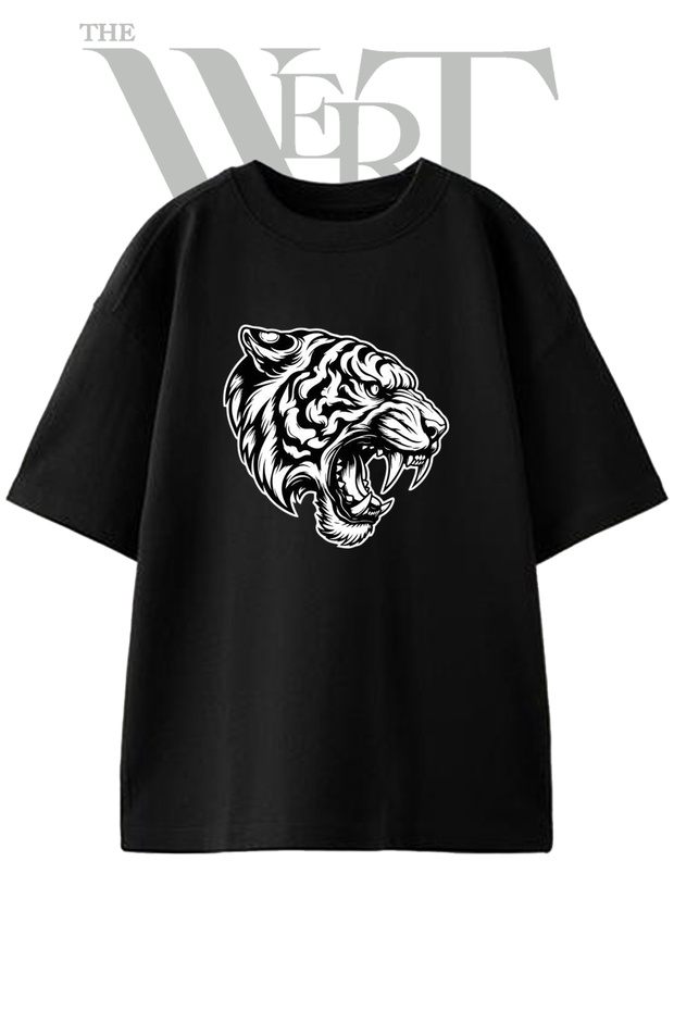 Roaring Tiger Design Printed Unisex Black Oversize T-Shirt