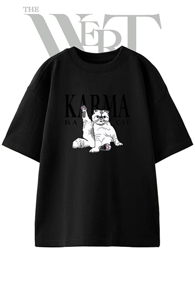 Karma Cat Design Printed Unisex Black Oversize T-Shirt