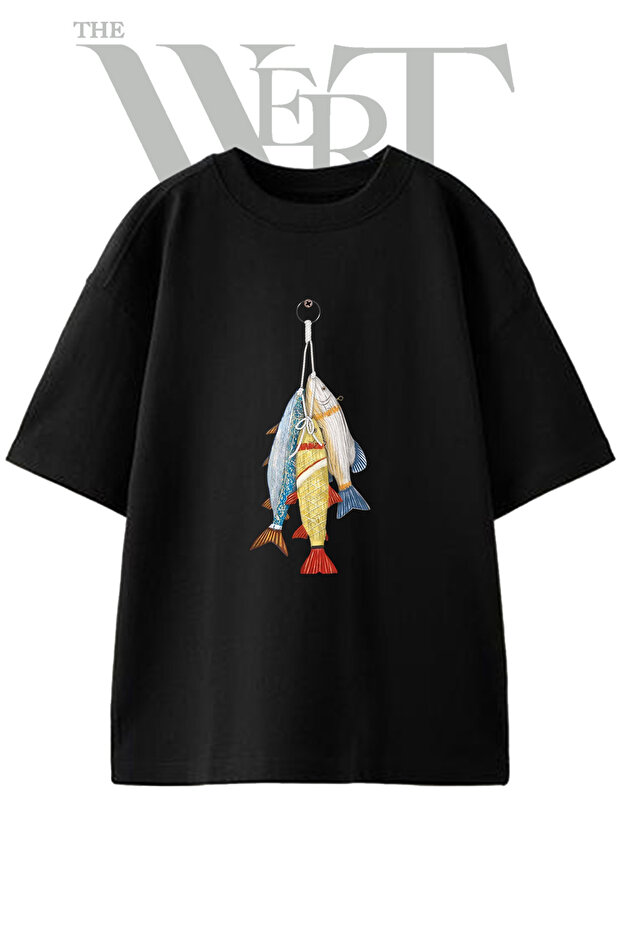 Balik Susu Design Printed Unisex Black Oversize T-Shirt