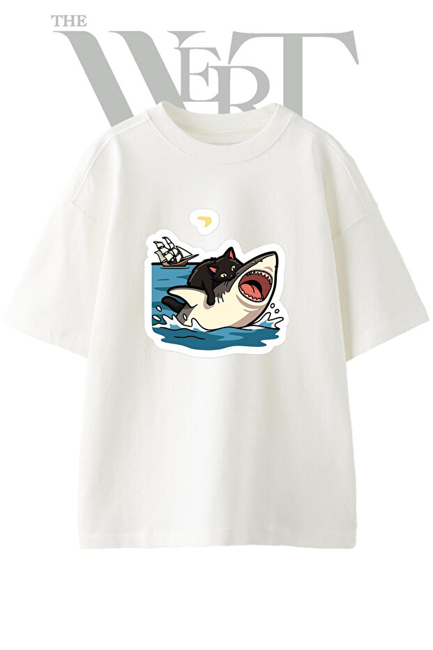 Cat Shark Design Printed Unisex White Oversize T-Shirt