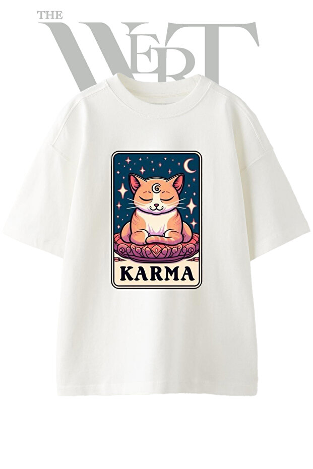 Karma Cat Design Printed Unisex White Oversize T-Shirt
