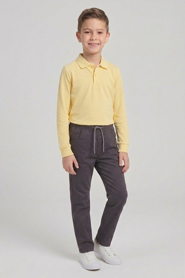 Boy's Yellow Long Sleeve Polo Collar T-Shirt Smoked Ribbed Waist Canvas School Pants Bottom Top Set School Outfit