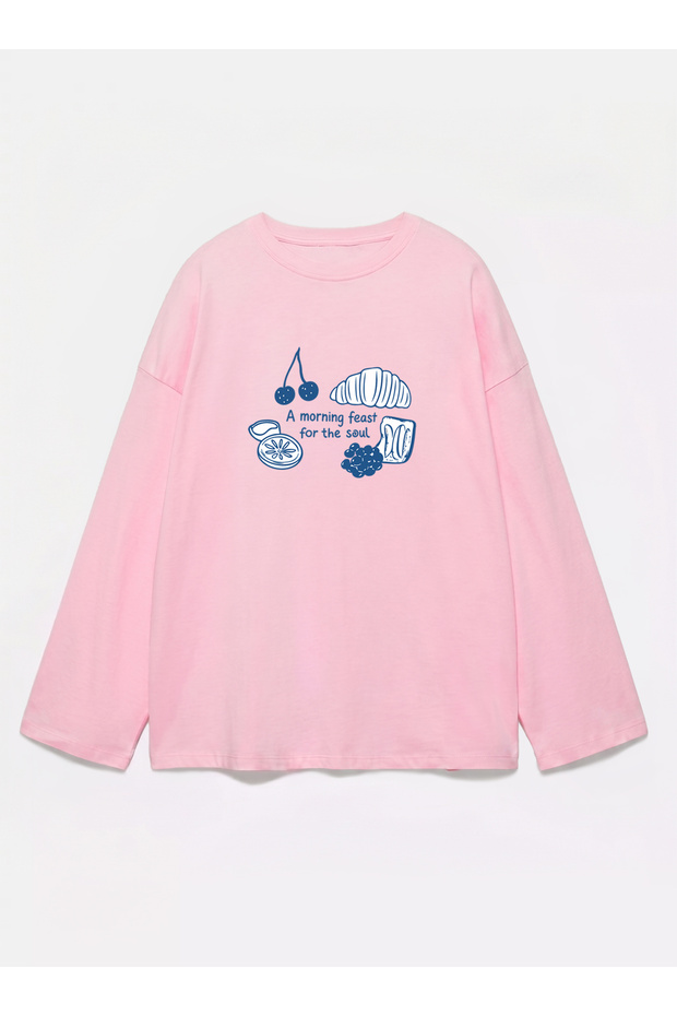 100% Cotton Oversize Fit Morning Feast Printed - Crew Neck Long Sleeve T-Shirt