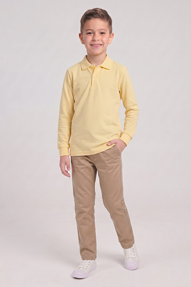 Boys' Yellow Long Sleeve Polo Collar T-Shirt Beige Ribbed Waist Canvas School Pants Bottom - Top Set School Outfit