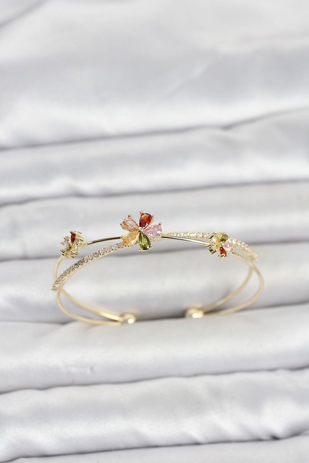 Brass Gold Color Colorful Flower Model Women's Bracelet