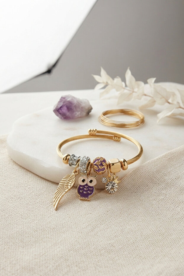 Purple Owl Model Gold Color Charm Bracelet