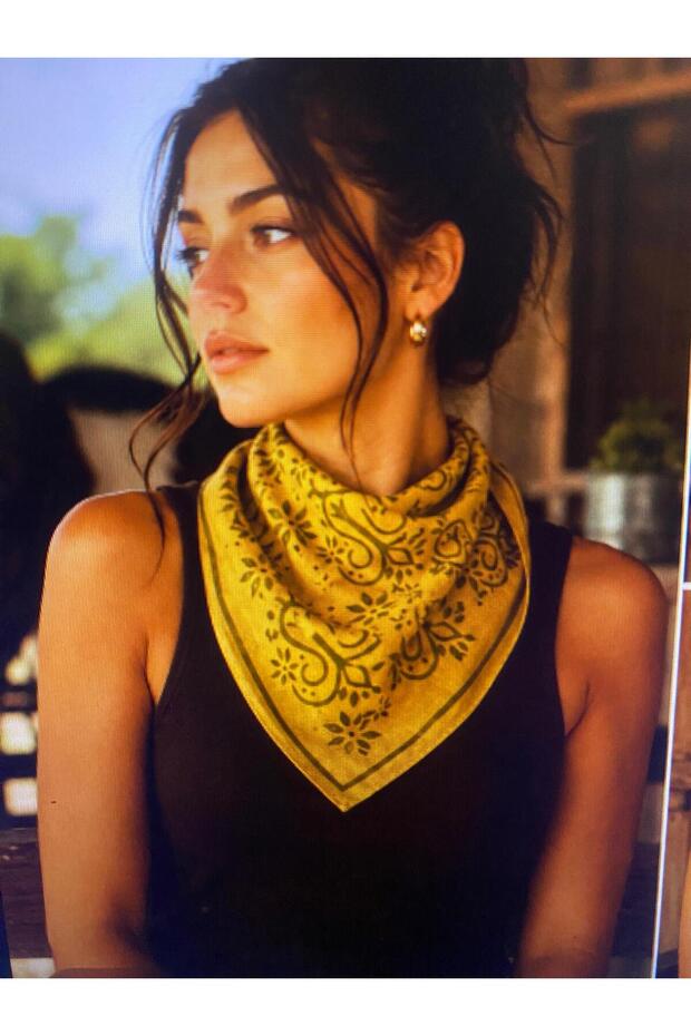 Light Green Floral Pattern on Mustard Wooden Printed Bandana 51 X51