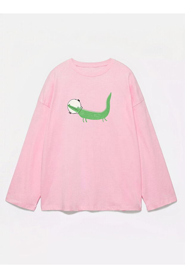 100% Cotton Oversize Fit Crocodile Print - Crew Neck Long Sleeve T-Shirt