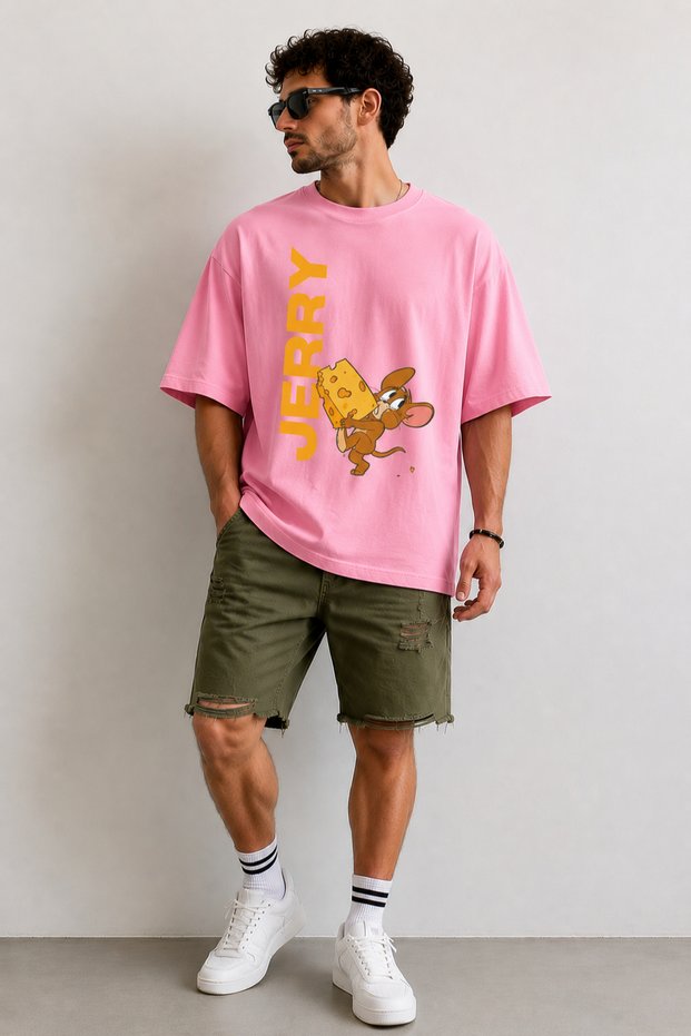 Jerry Cheese Printed Crew Neck Casual Unisex Oversize T-Shirt - Cartoon Themed Cotton T-Shirt