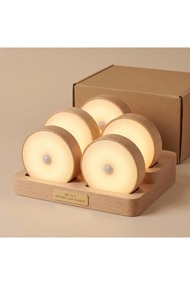 Smart Motion Sensor LED Night Light Set – Premium 5-Piece Bundle with Modern Wood Finish Design