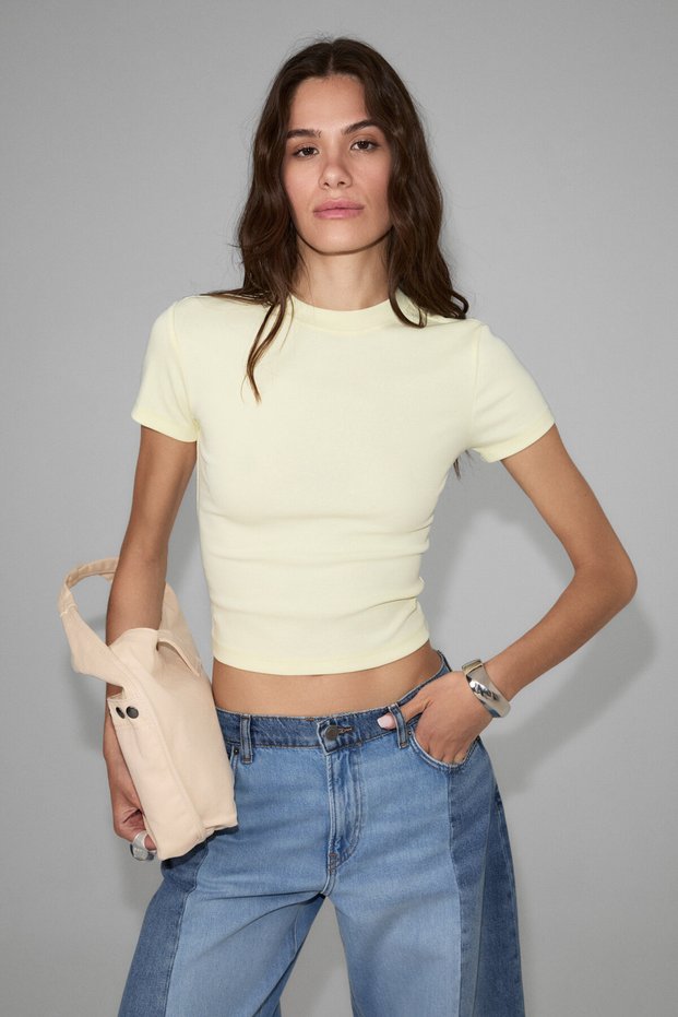 Zolen women's soft and flexible fabric organic cotton short sleeve crop yellow t-shirt
