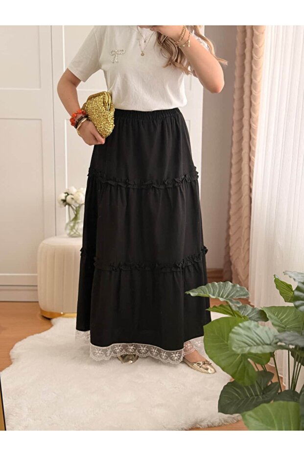 Layered Ruffled Skirt with Lace Hem and Elastic Waist