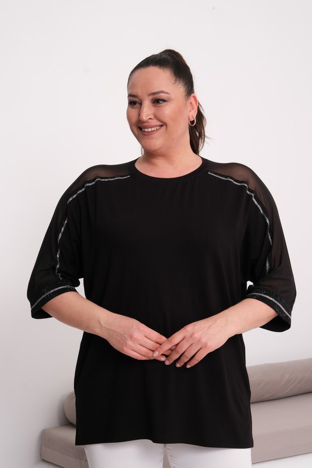 Women's Viscose Blouse with Tulle and Stone Detail on the Shoulder