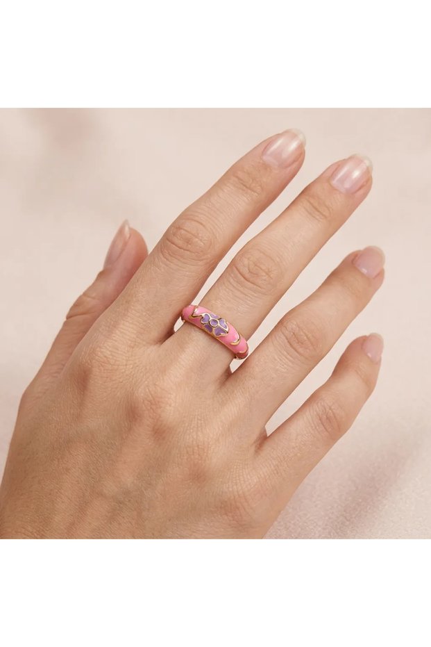 Adjustable Pink Enamel Flower Pattern Women's Ring