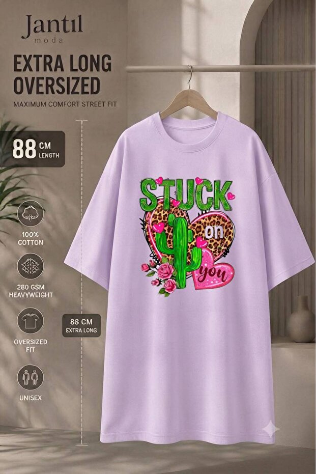 Collar Cactus and Leopard Heart Stuck on You Written Extra Long Oversize Tunic T-Shirt Short Sleeve
