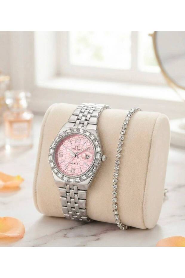 Women's Steel Wristwatch Colorful Waterway Bracelet Gift with Calendar Stone Detail Stylish Watch Set Frn06