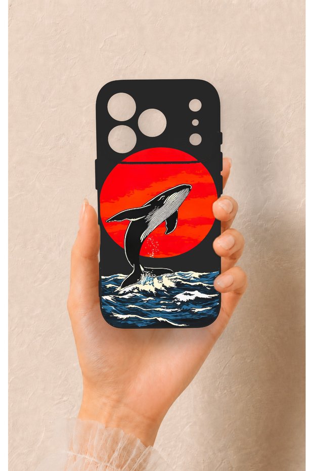 iPhone 17 Pro Compatible Red Sun Whale Pattern Silicone Case