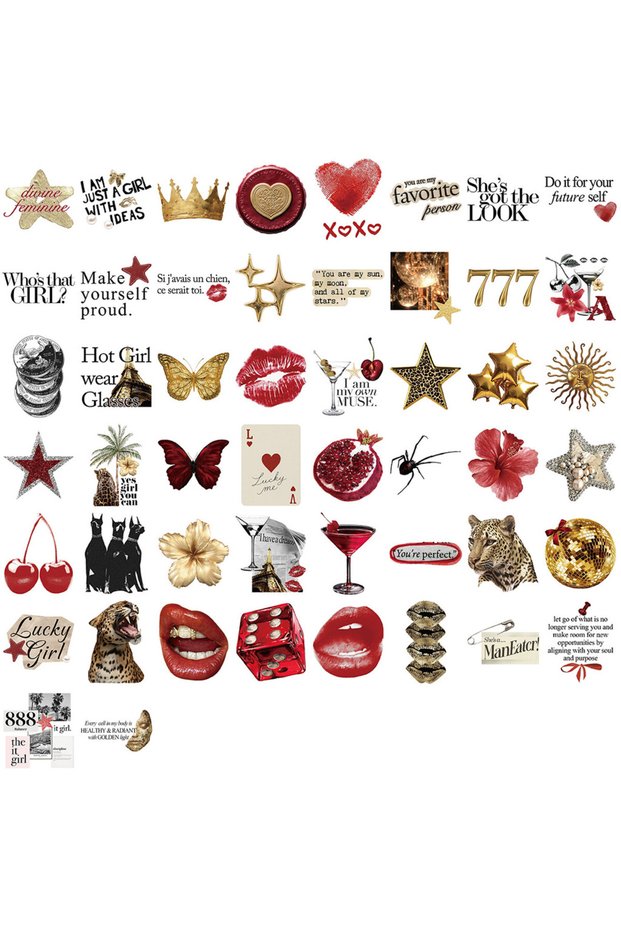 50PCS 50 Pcs Gold & Red Vintage Aesthetic Cartoon Stickers - Waterproof Decor for Journal Water Bott