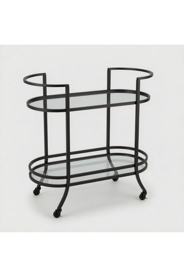 YIZNUO Fully Assembled Bar Cart with 2 Tempered Glass Shelves, Rolling Serving Trolley with Lockable Wheels, Welded Metal Frame