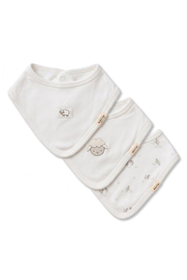100% Organic Cotton 3-Piece Unisex Scarf Bib Set Lamb Patterned Organic Baby Food Bib