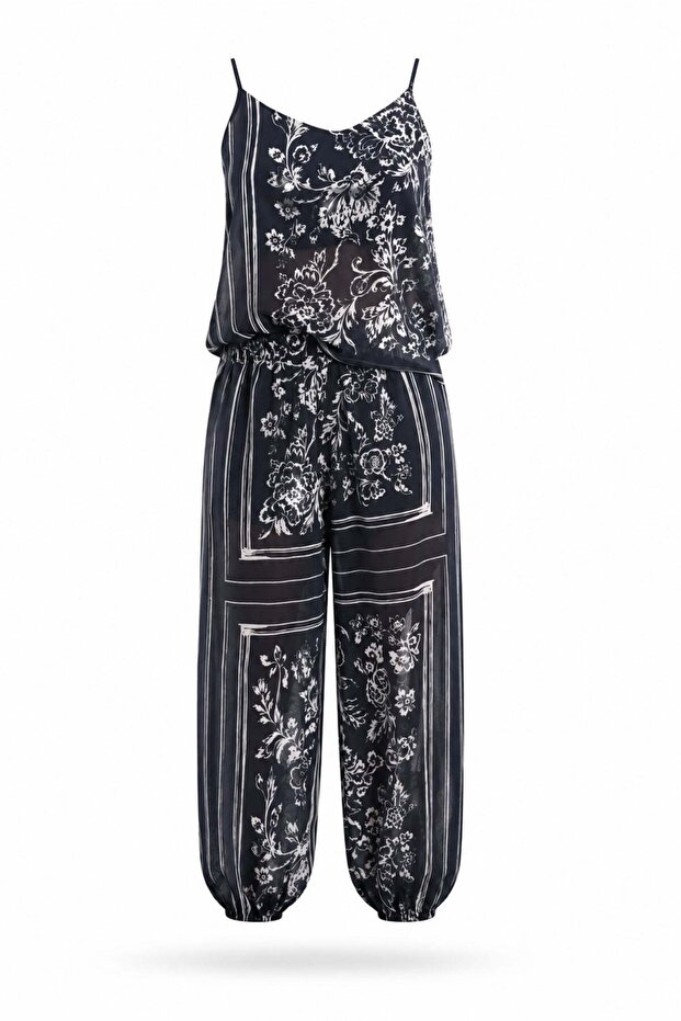 Navy Blue Patterned Blouse Trousers Set
