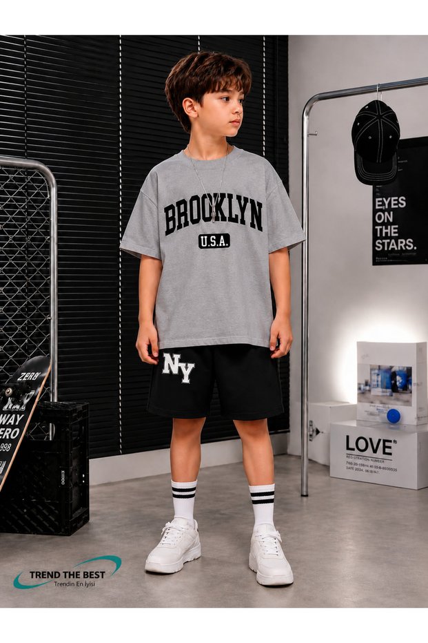 Summer Brooklyn Usa Ny Letter Printed Boys Shorts T-Shirt Set