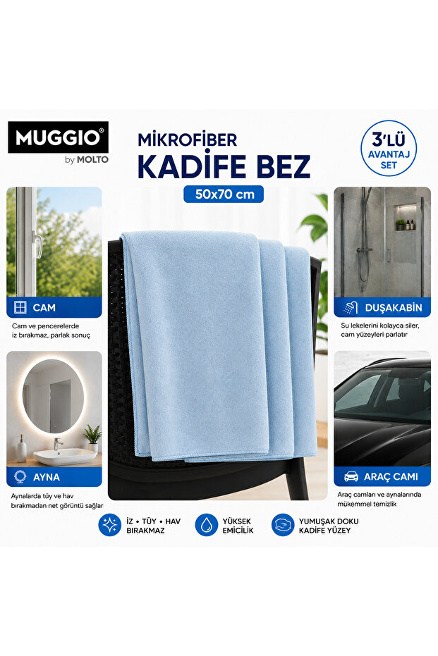 By Molto 50X70 Microfiber Velvet Cloth Set of 3 | Car Drying Cloth, Car Washing Cloth, High Absorbency, Leaves No Traces or Hairs Behind