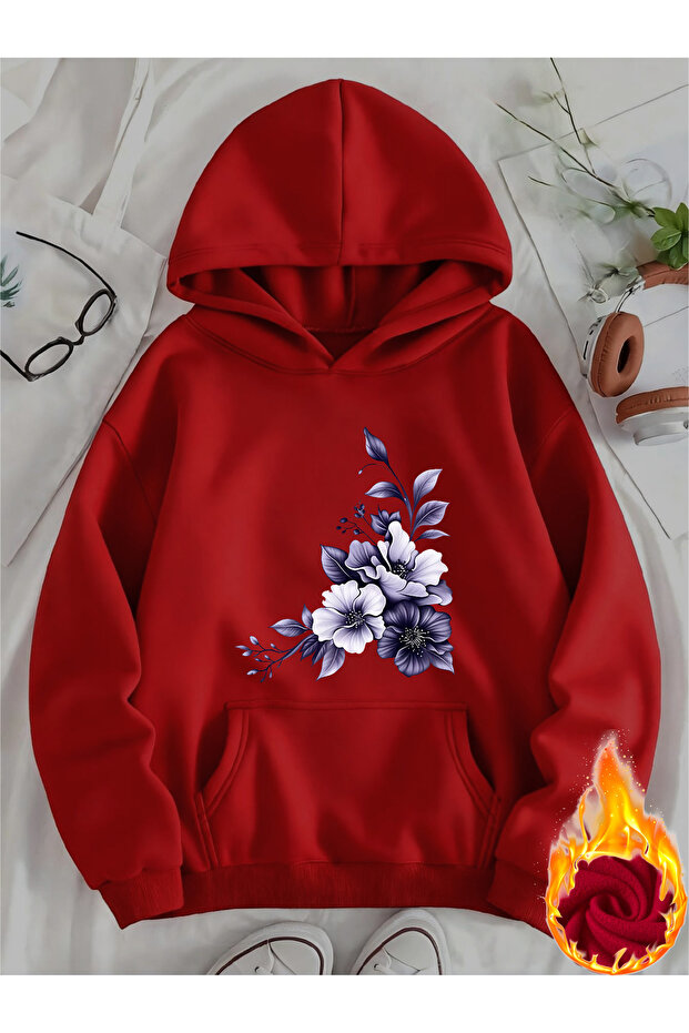 Unisex Floral Printed Hooded Kangaroo Pocket Comfortable Fit Regular Cut Sweatshirt