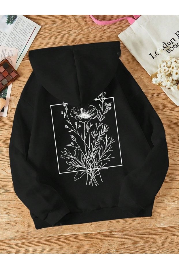 Unisex Black Square Floral Printed 3 Thread Hooded Hoodie Sweatshirt