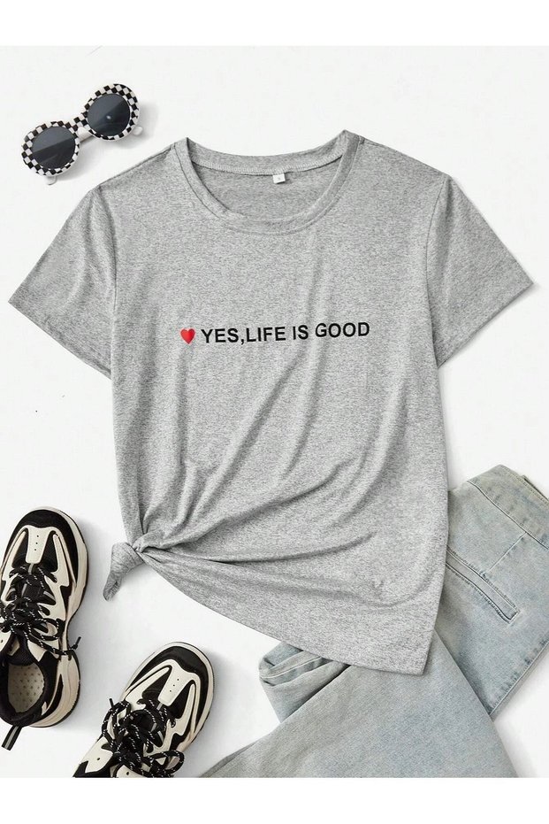 Woman's Grey Life Is Good Printed Oversize T-Shirt