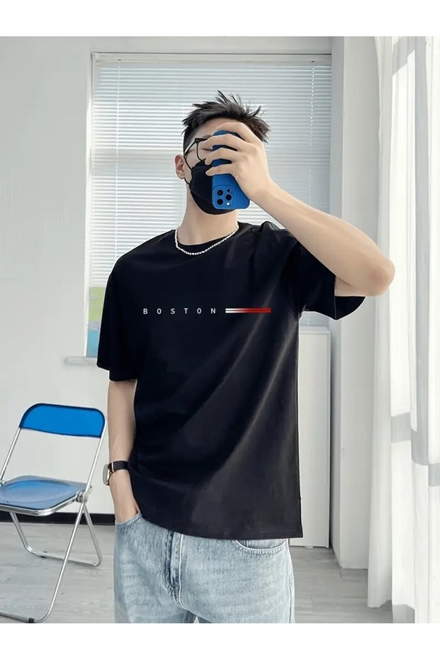 Men's Black Boston Stripe Printed Oversize T-Shirt