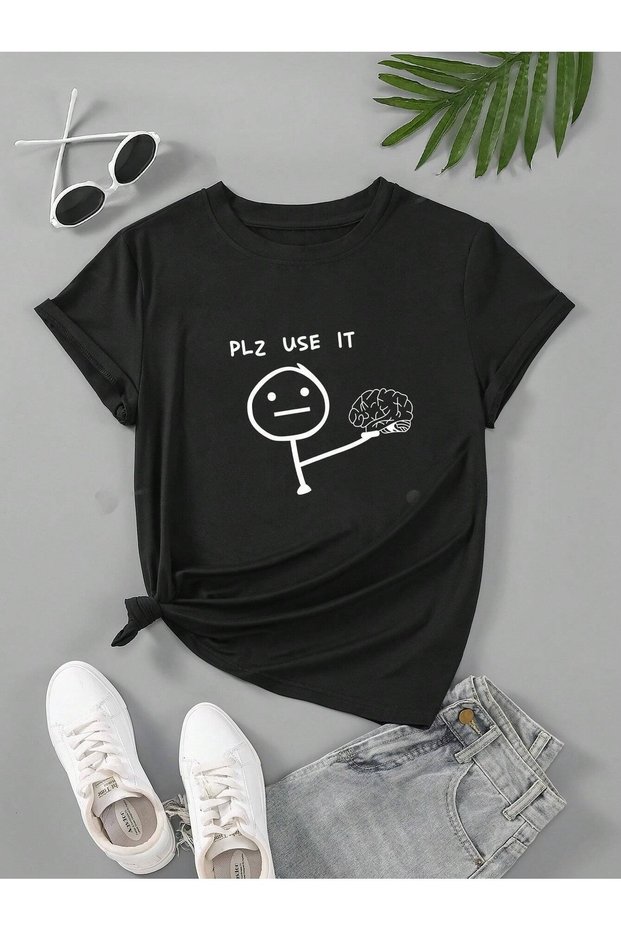Unisex Black Plz Use It Printed Oversize T-Shirt