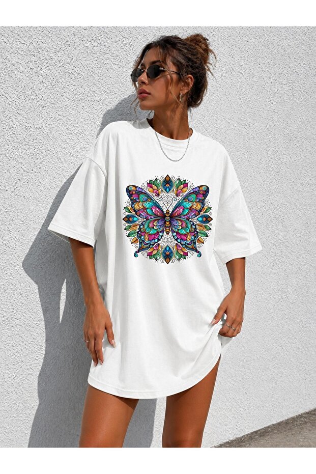 Women's Oversize Butterfly Mandala Printed Tunic T-Shirt