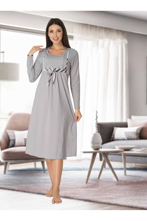 Dvina Maternity Long Sleeve Nightgown with Bow Detail - Gray