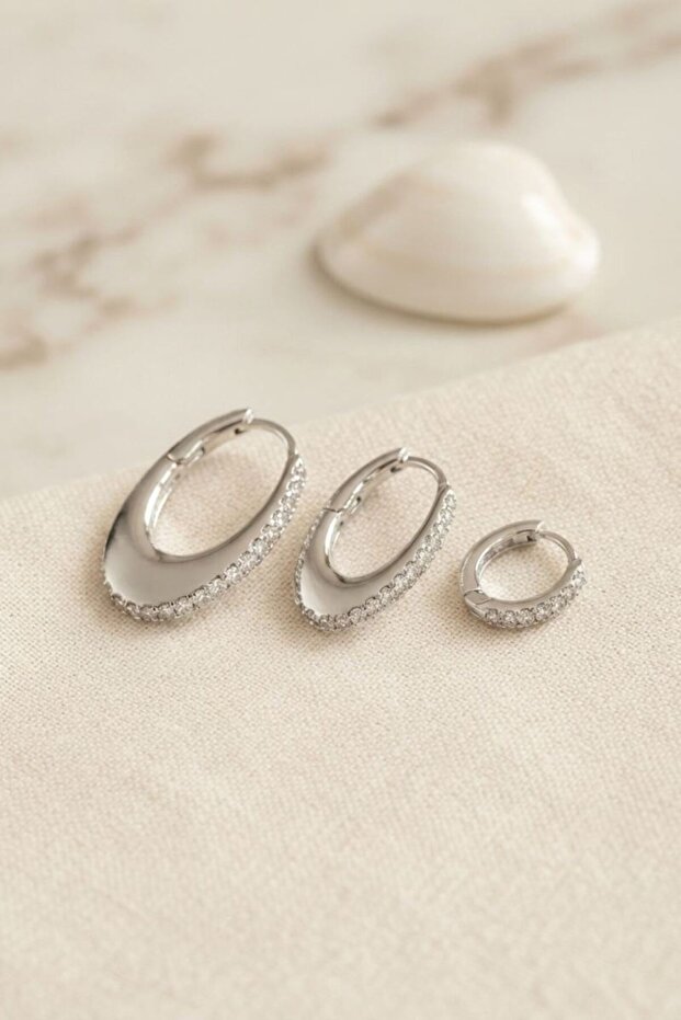 Silver Color Oval Hoop Model Zircon Stone 3-Piece Earring Set