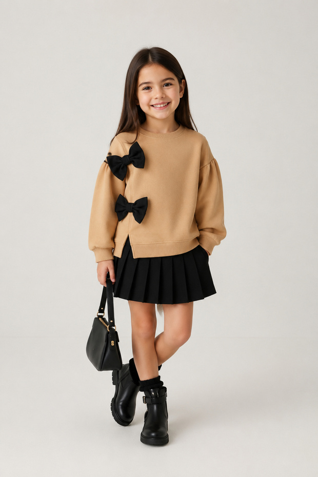 Girl's Bow Detailed Crew Neck Oversize Sweatshirt - Casual Comfortable Cotton Sweatshirt