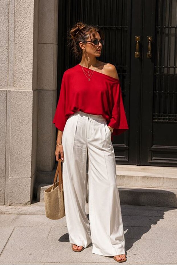 Women's Red Boat Neck Ribbed Textured Loose Off Shoulder Short Sleeve Blouse
