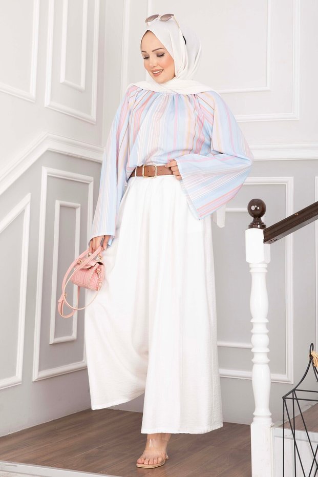Belt Detailed Pocketed Skirted Trousers Ecru