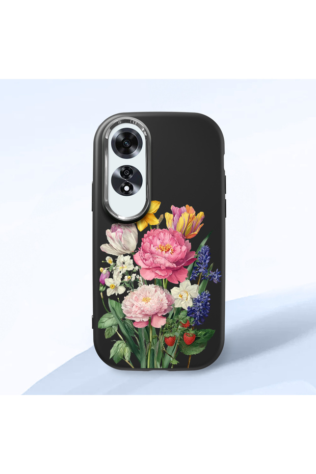 Oppo A60 Compatible Case Camera Protector Black Silicone Couple Phone Case with Floral Pattern