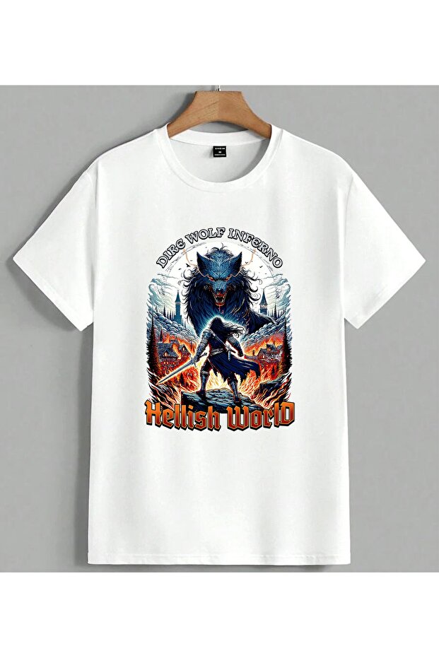 Dire Wolf Inferno Hellish Printed Unisex Oversize T-Shirt White