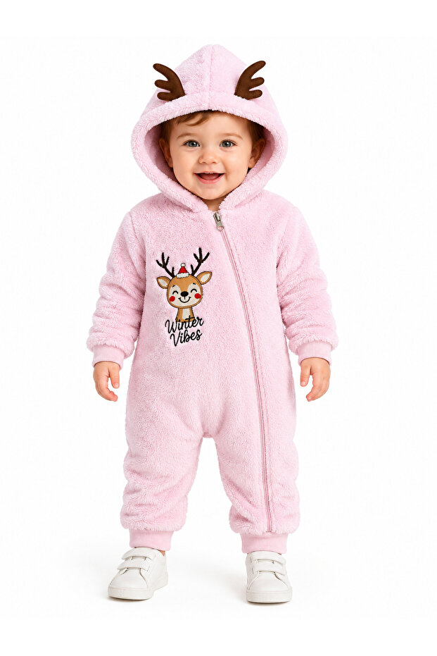 Sweet Deer Embroidered Welsoft Plush Hooded Zippered Winter Unisex Baby Romper