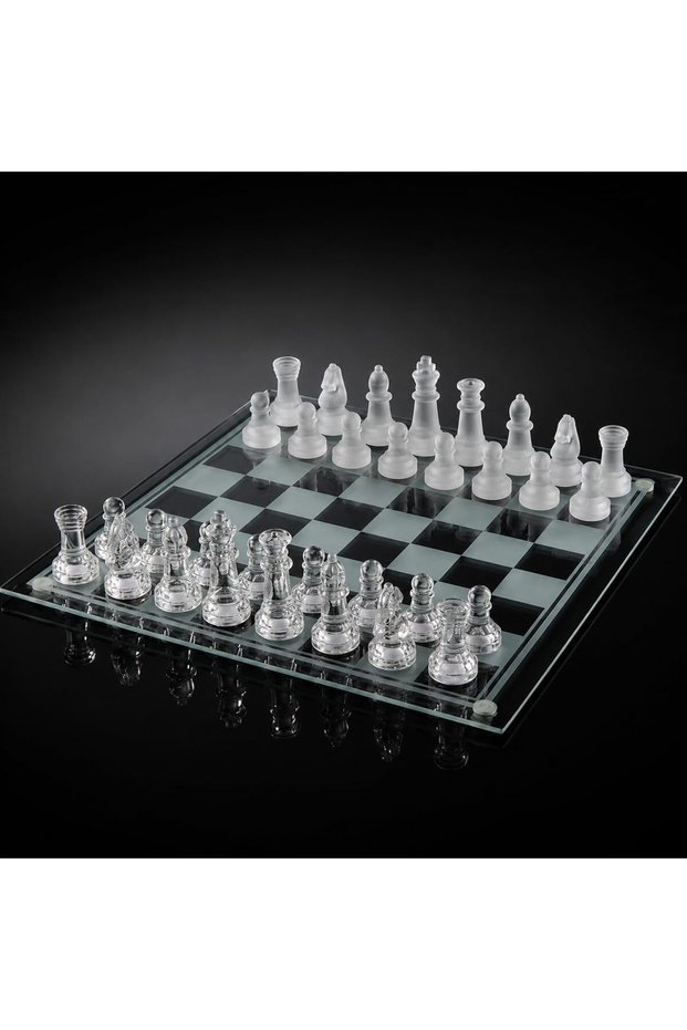 Glass Chess Set, Transparent and Frosted Glass Pieces, 25X25Cm