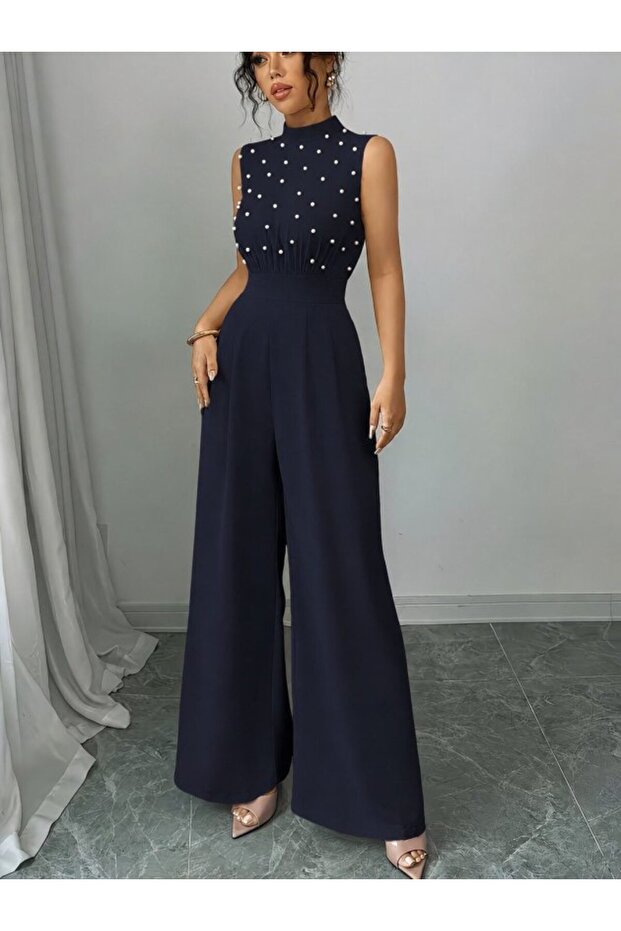Women's Turtleneck Sleeveless Pearl Belted Waist Long Janjan Jumpsuit