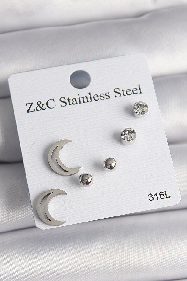 316L Steel Silver Color Zircon Stone Crescent Model Women's Earring Set